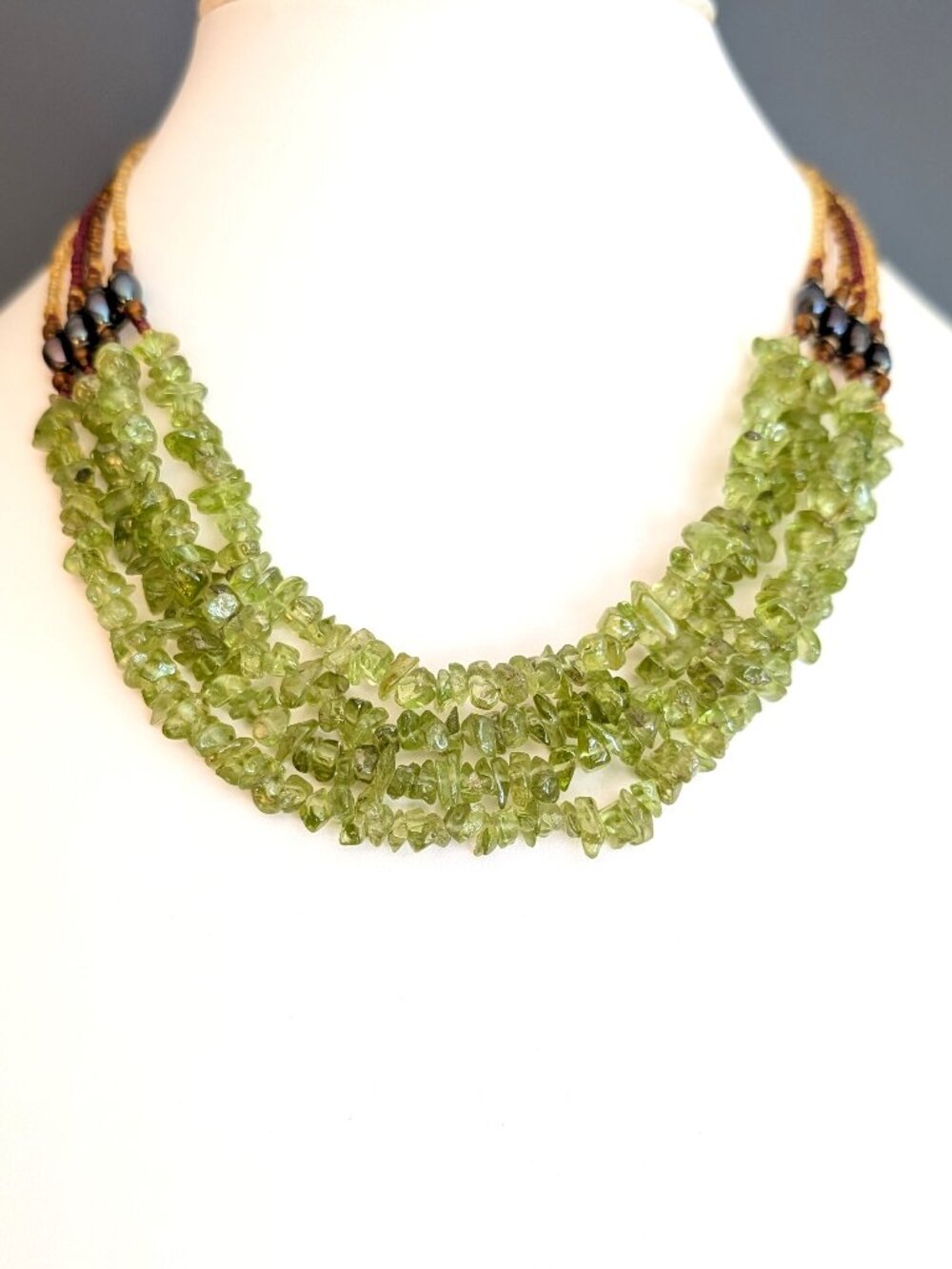 Peridot chip necklace with seed bead and iridescent bead accents